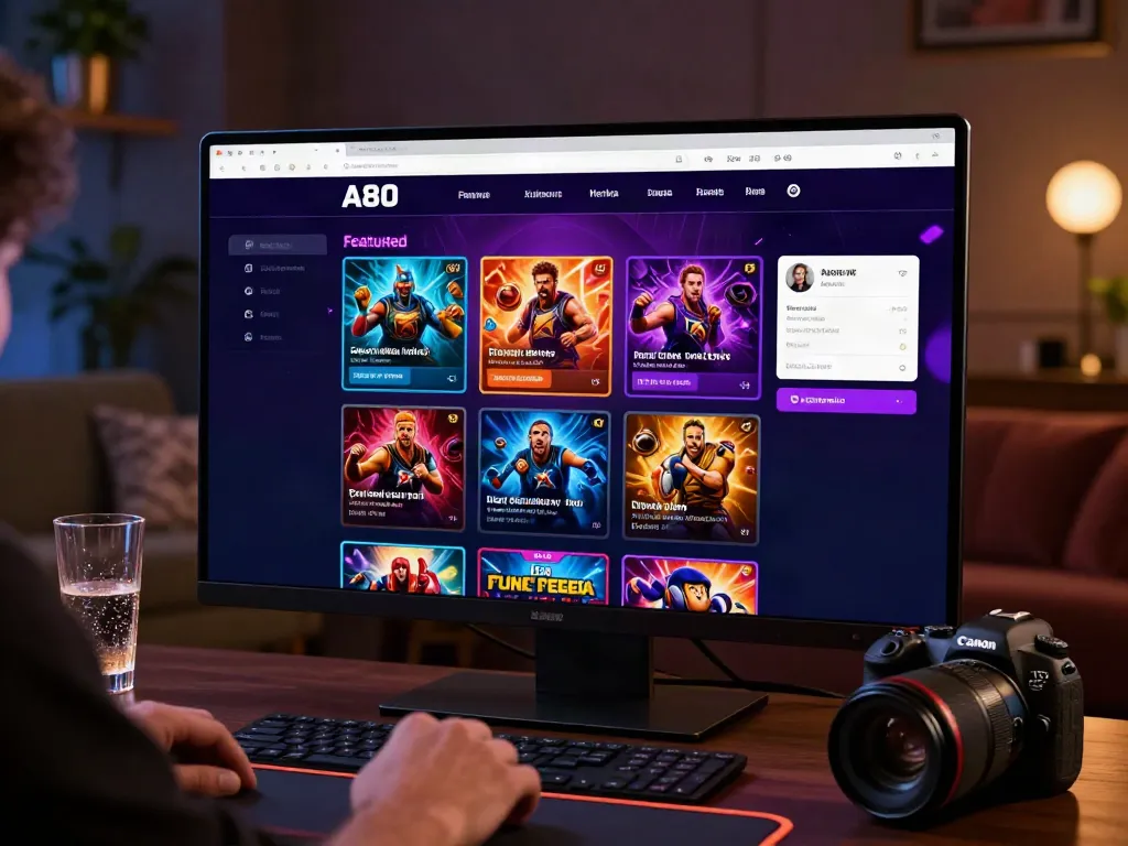 A80 homepage interface showing vibrant casino games and user profile in an engaging online casino atmosphere.