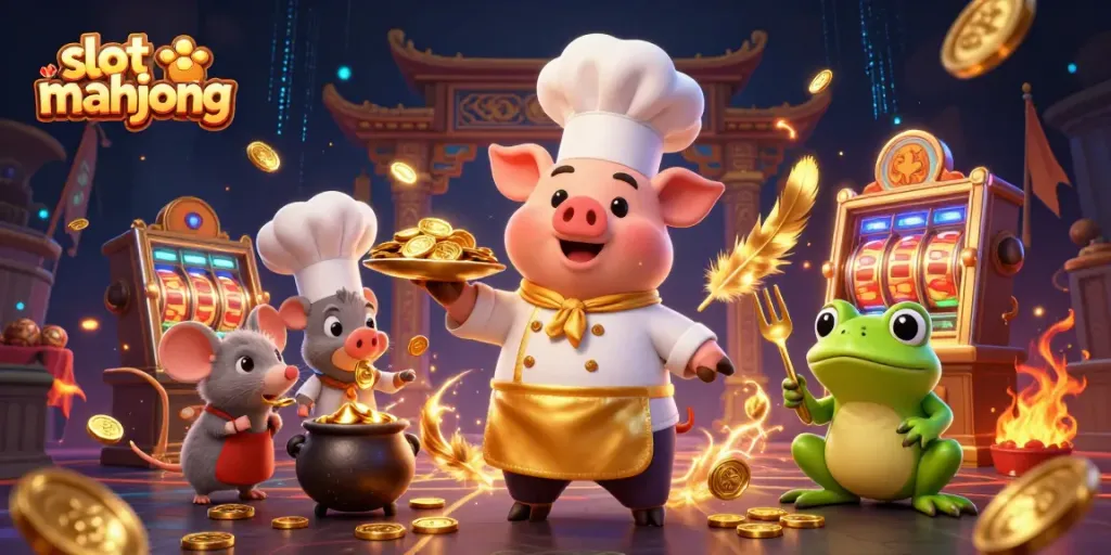 Experience slot mahjong action with a chef pig serving gold coins, dynamic game atmosphere.