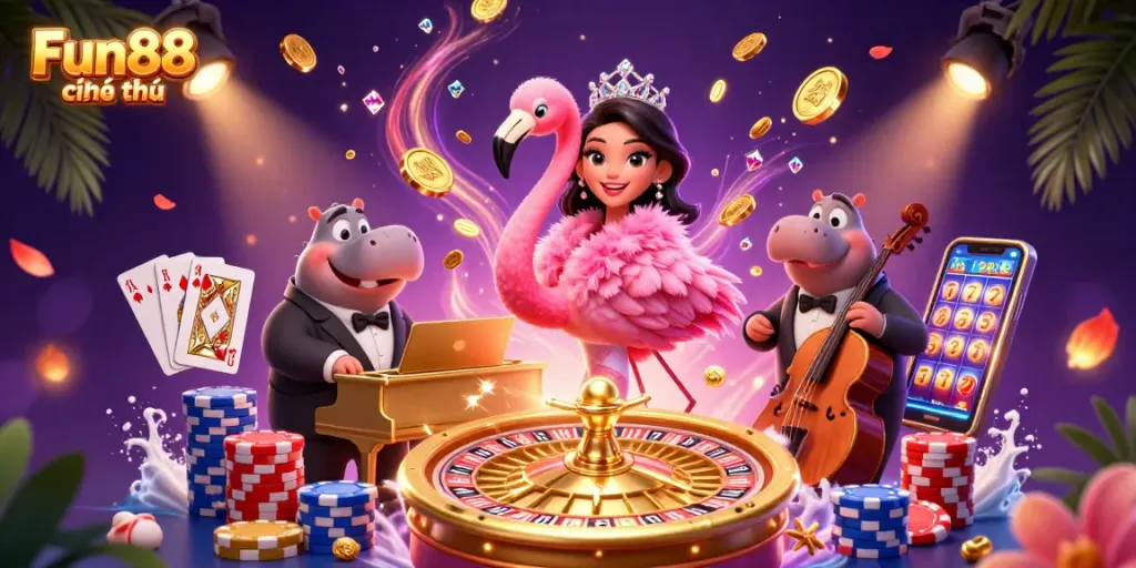 Experience Fun88 chính thức with vibrant casino elements in an energetic, colorful illustration.