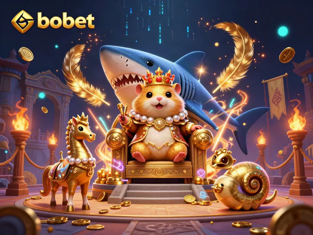 Sbobet's thrilling battle scene featuring a golden hamster king on a megalodon throne with royal seahorse guards.