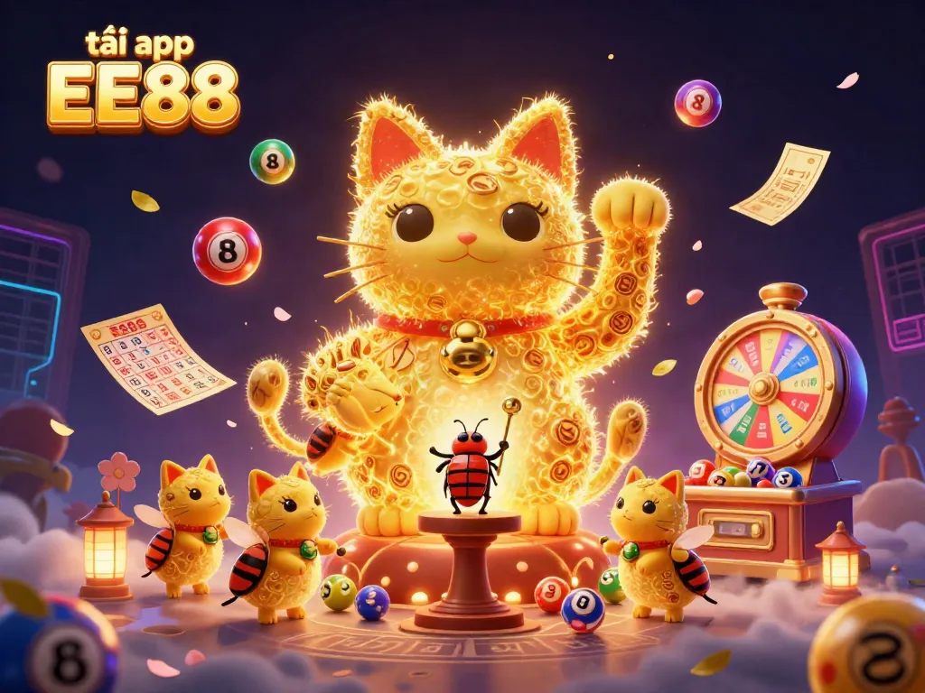 Tải app EE88 with a vibrant illustration of a lucky cat made of fireflies and casino symbols in a dynamic casino scene.