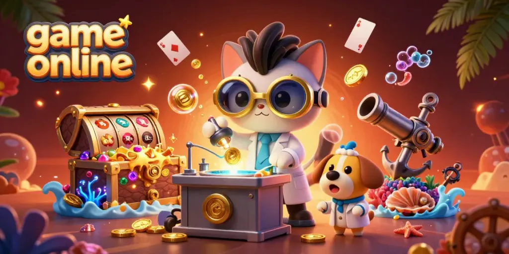 Experience thrilling game online action with a mad scientist cat and dog in a vibrant casino scene.