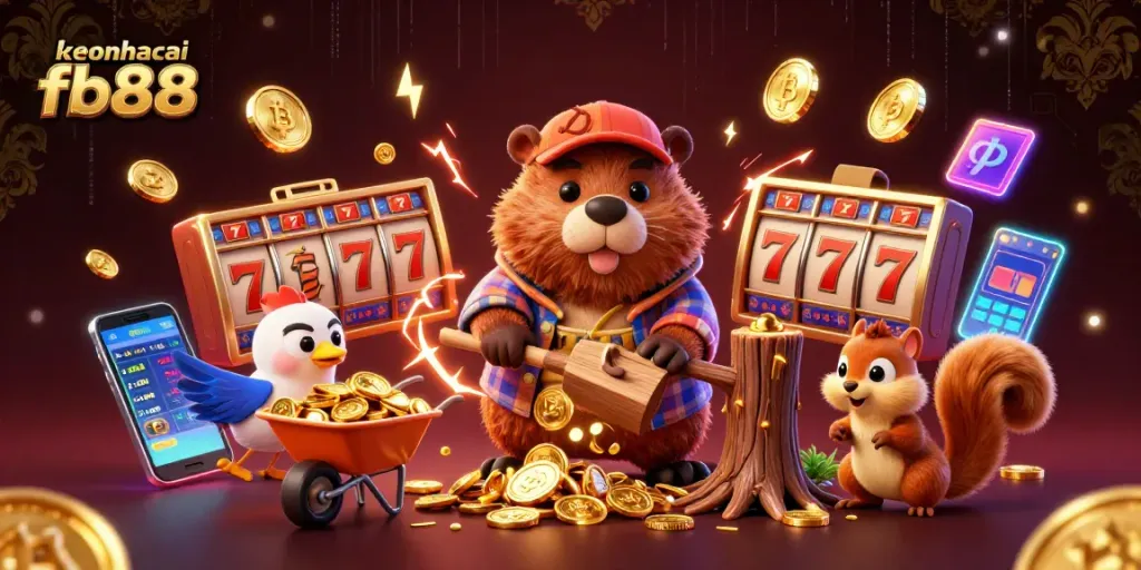 Experience excitement with keonhacai fb88 as a beaver collects golden coins in a vivid casino scene.
