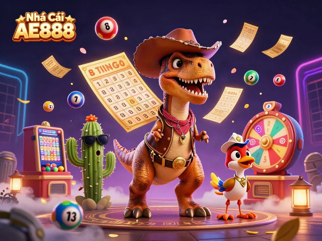 Engage with the vibrant world of Nhà Cái AE888 featuring a dynamic T-Rex and friends amidst colorful lottery elements.