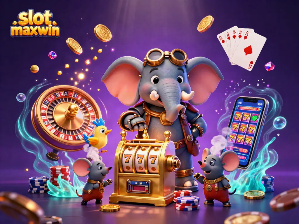 Engaging scene with the slot maxwin, a steampunk elephant operating a golden slot machine amidst cascading coins and vibrant gems.