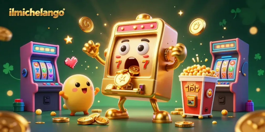 Experience exciting wins with ilmichelangelo's golden slot machine hitting jackpots in a vibrant casino scene.