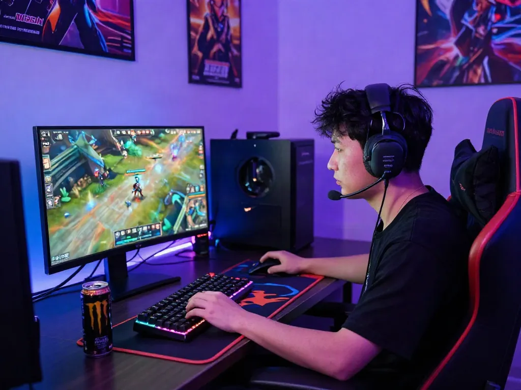 Competitive player immersed in QQMacan gameplay with RGB keyboard and vibrant graphics in a thrilling gaming setup.