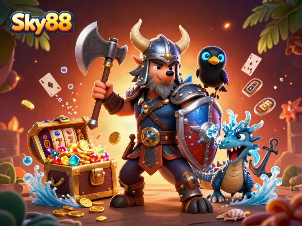 Elevate your play with Sky88's vibrant 3D casino scene featuring slots and dynamic game elements.