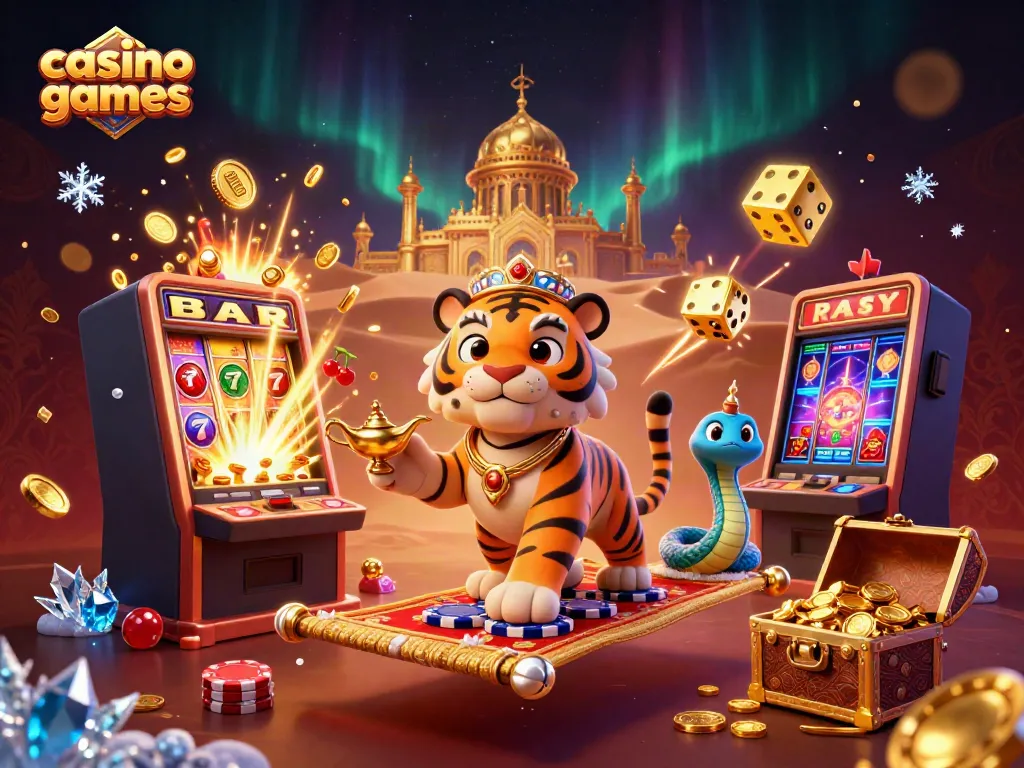 Experience thrilling casino games with a tiger sultan and jackpot explosion in a vibrant setting.