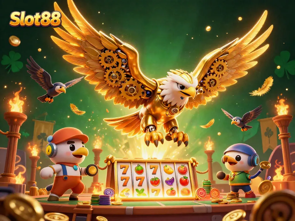 Experience thrilling gameplay with Slot88 as an eagle flies through vibrant slot reels.