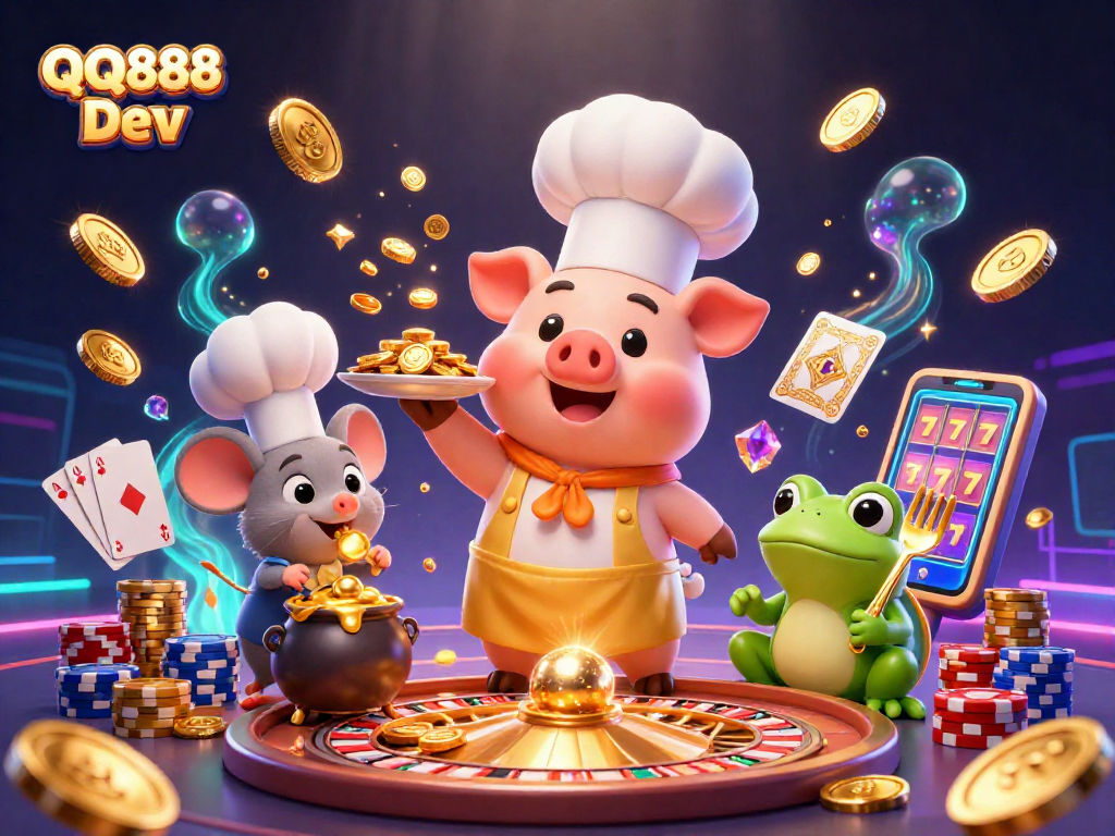Bet on golden opportunities with QQ888 Dev in this vibrant casino scene featuring chefs and games.