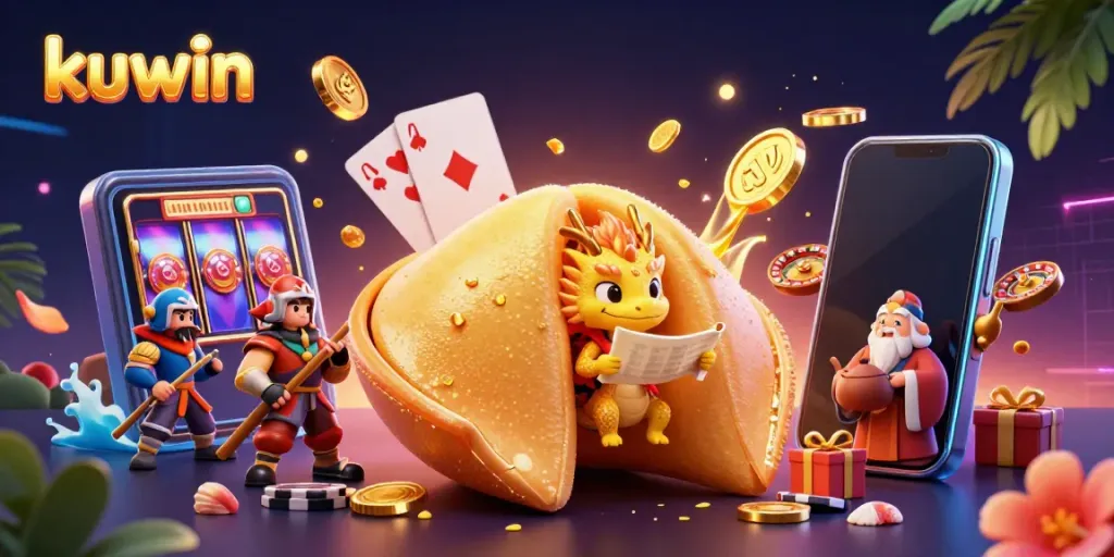 Engaging kuwin illustration showing a golden fortune cookie, wise dragon, and dynamic casino elements.