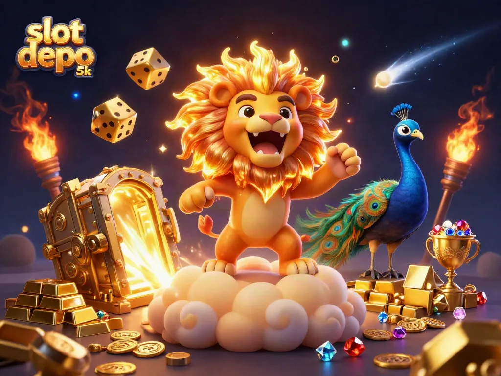 Experience the thrill with "slot depo 5k" as the sun lion roars amidst golden treasures and casino symbols.