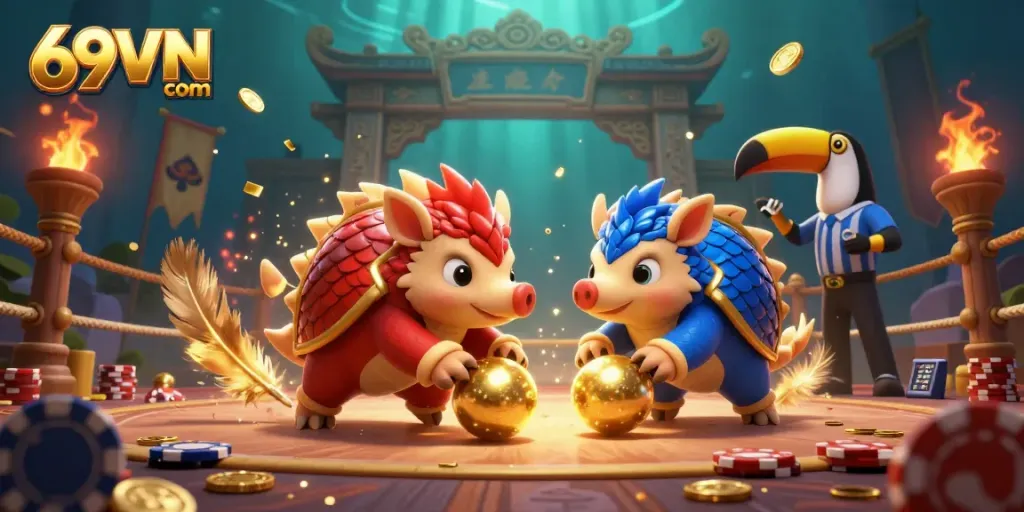 Engage with vibrant scenes of 69VN com showcasing rival pangolins competing in a dynamic gambling arena filled with casino elements.