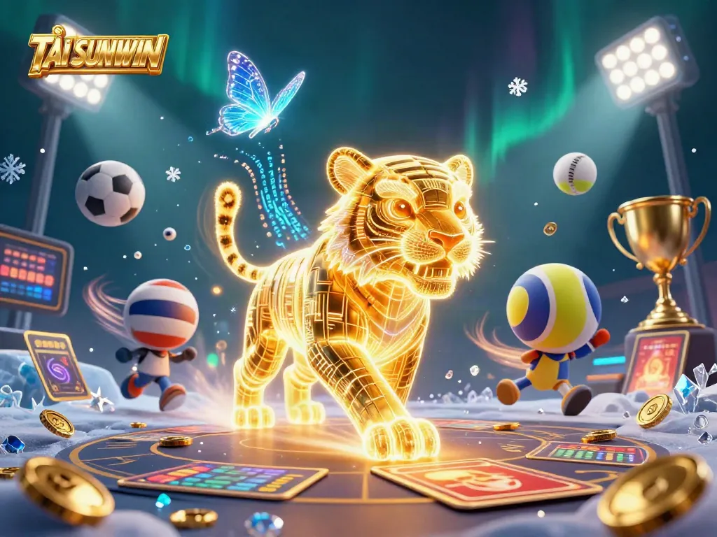 TẢI SUNWIN in a vibrant, energy-filled digital casino scene with a golden tiger and sports elements