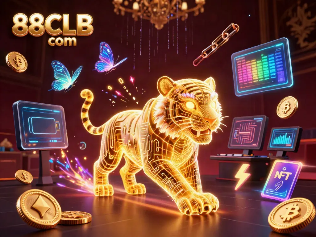 Experience the magic of 88CLB com in this dynamic casino illustration featuring a mystical tiger amidst crypto elements.