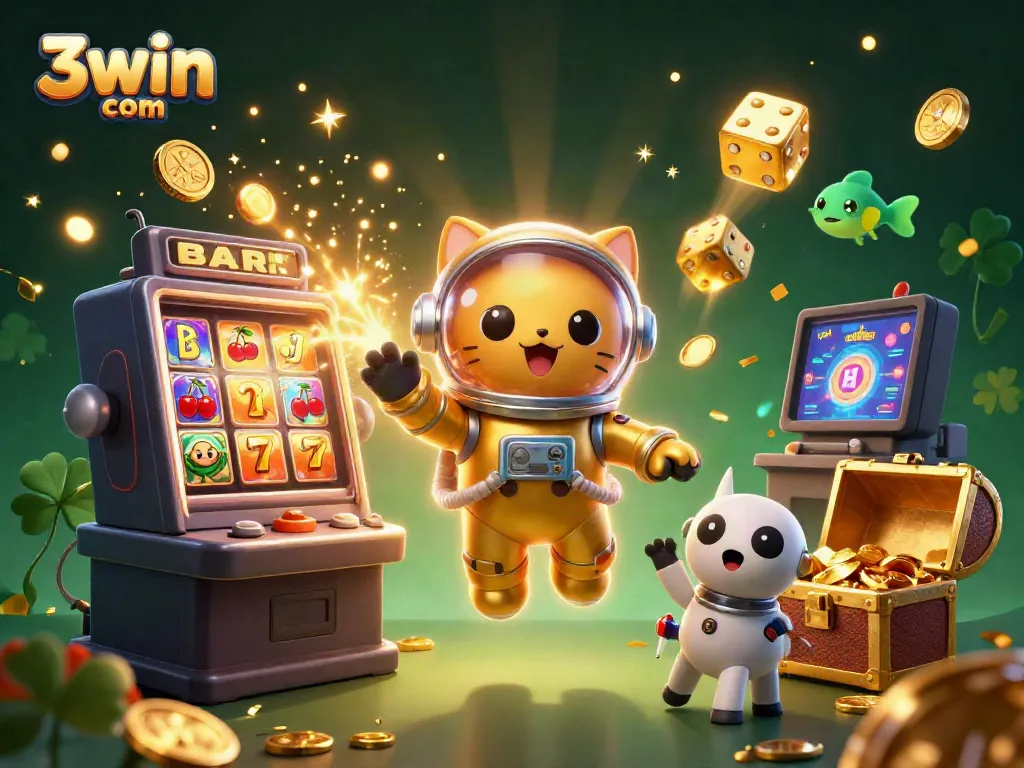 Experience the thrill of 3win com with animated casino elements and characters in an exploding jackpot scene.