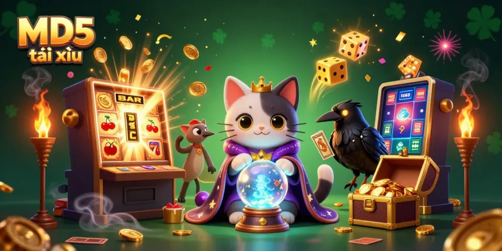 Engage with MD5 tài xỉu in a vibrant 3D casino scene featuring mystical characters and dynamic game elements.