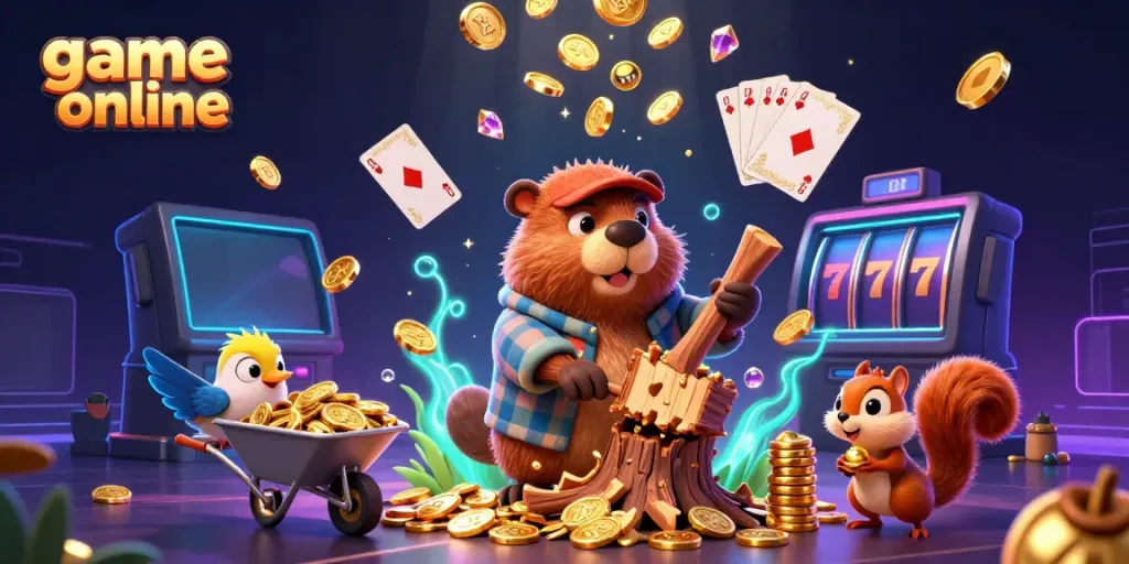 Engage in exciting game online adventures with a cartoon beaver collecting golden coins.