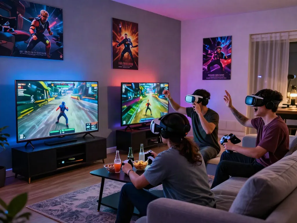 Excited players enjoying a game online in a cozy living room atmosphere.