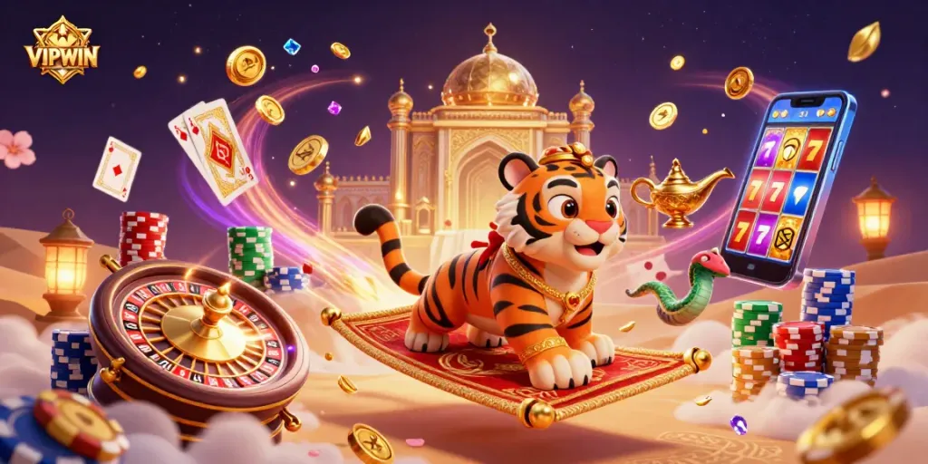 Experience VIPWIN excitement with vibrant 3D illustrated casino elements and characters.