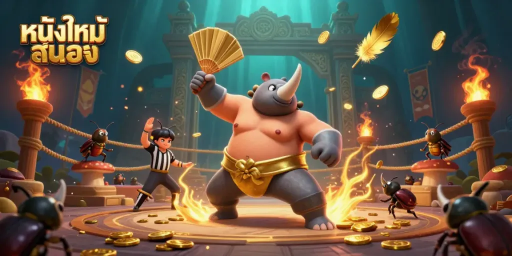 Experience thrilling action with หนังใหม่ชนโรง as the rhinoceros beetle champion stomps, sending gold coins flying.