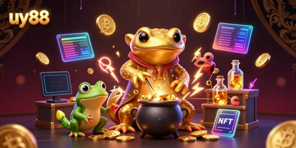 Experience dynamic gaming at uy88 with alchemist characters and gold elements in an engaging 3D scene.
