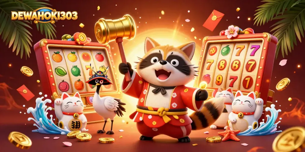 DEWAHOKI303 menampilkan tanuki ceria dan simbol slot yang menguntungkan di kasino