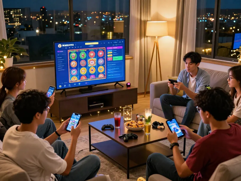 Menampilkan permainan slot di aplikasi MARTOTO https://martoto.ink/ dengan kelompok teman yang bermain bersama di ruang tamu yang nyaman dan ceria.