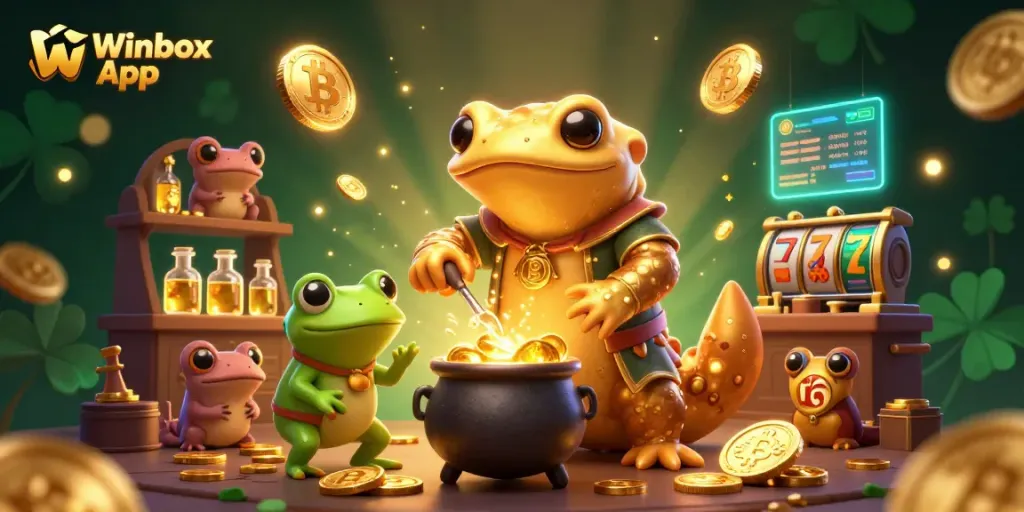Experience the Winbox App's exciting gaming action in a vibrant casino scene featuring gold coins and slots.