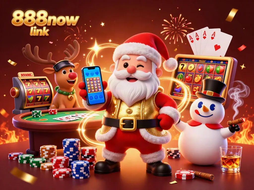 Experience the excitement of 888now link with Santa and friends celebrating jackpots in a vibrant casino.