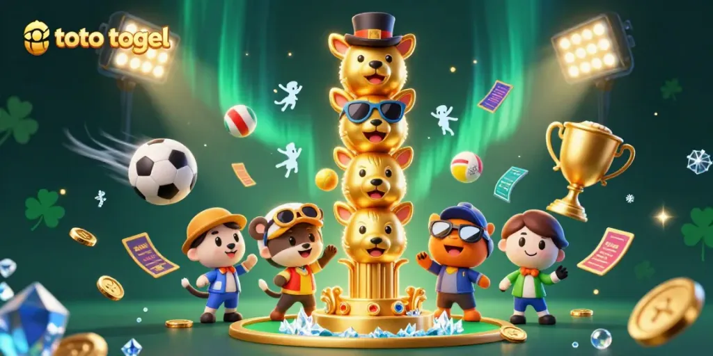 Engaging scene of toto togel with a golden totem pole and dynamic sports elements for gamblers.