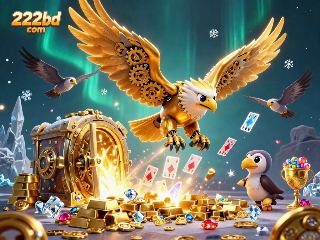 Experience the excitement of 222bd com with a golden eagle diving through holographic cards in a treasure-filled scene.