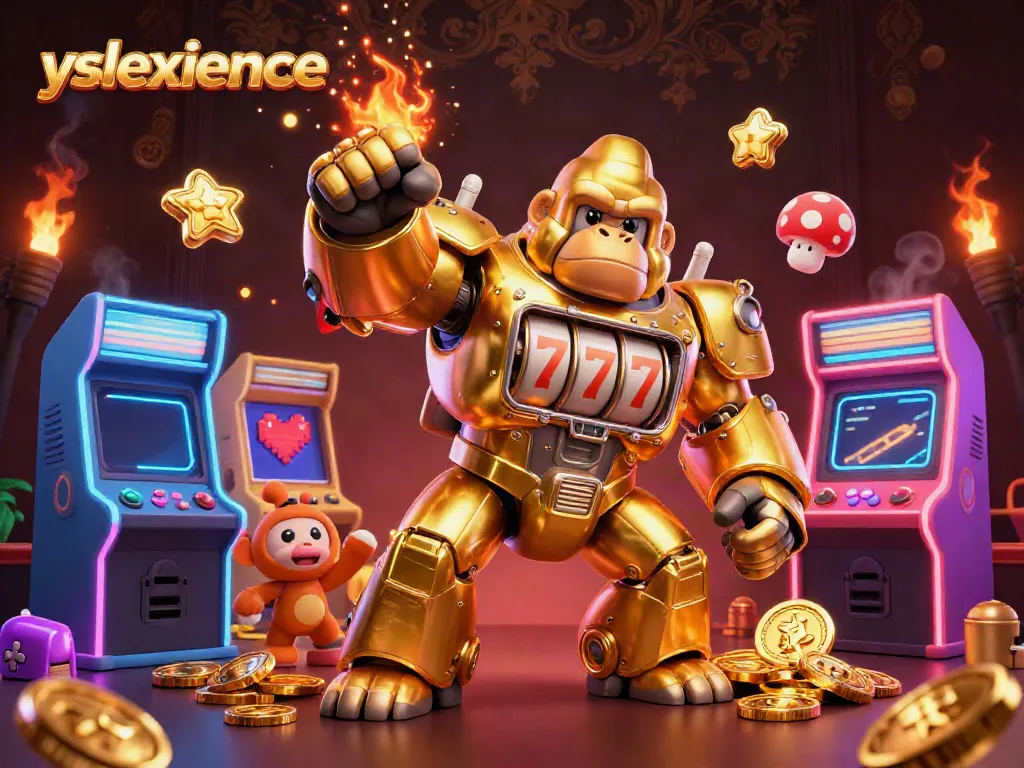 Experience thrilling gaming with yslexperience in this vibrant 3D casino scene featuring a golden mech and arcade elements.