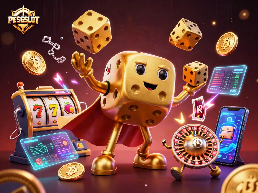 Engage with PESGSLOT in a vibrant 3D casino scene showcasing dynamic slot elements and crypto coins.
