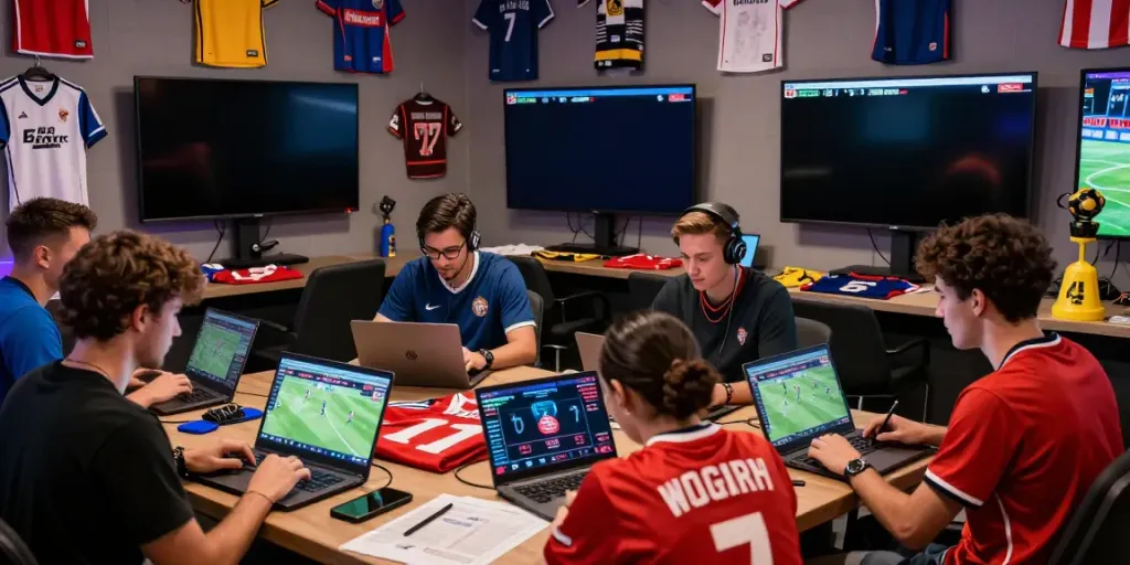 WWBOLA sports betting lounge with diverse bettors analyzing matches on laptops.