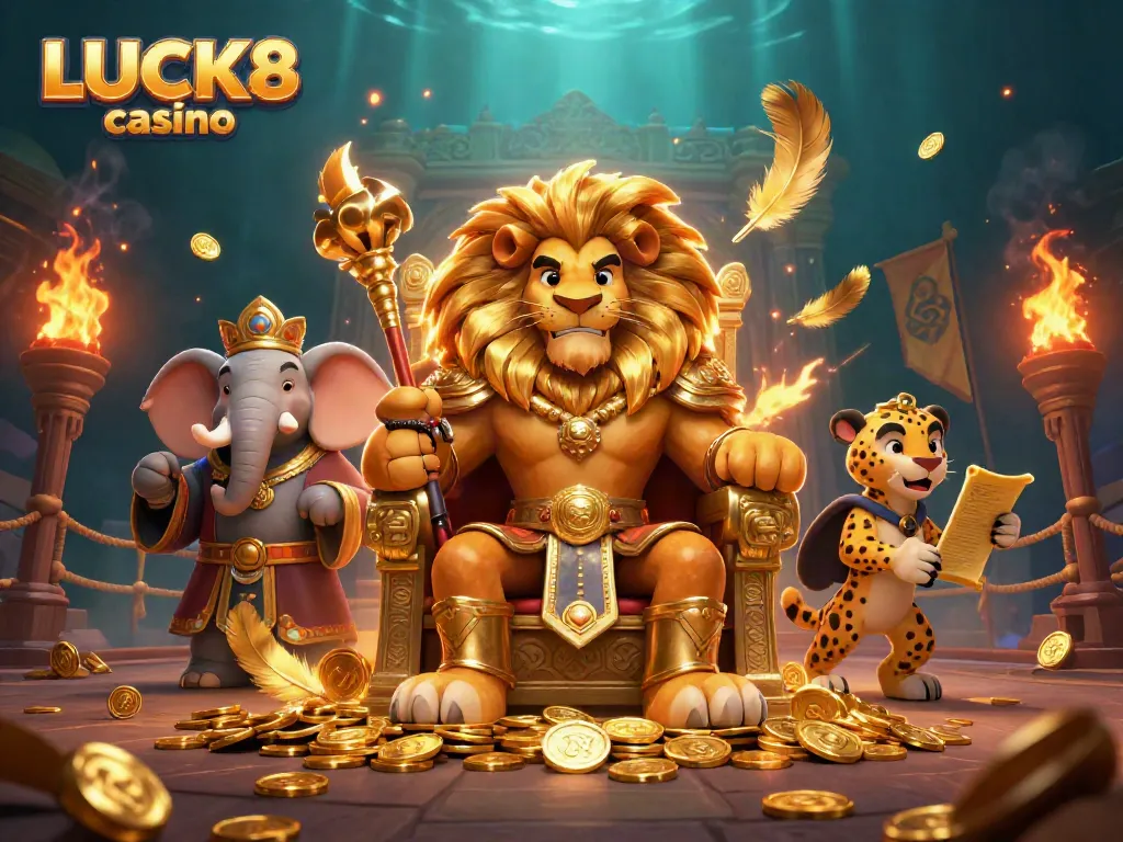 Experience the thrill of LUCK8 casino with a fiercely illustrated lion king on a golden throne, flanked by an elephant and cheetah.