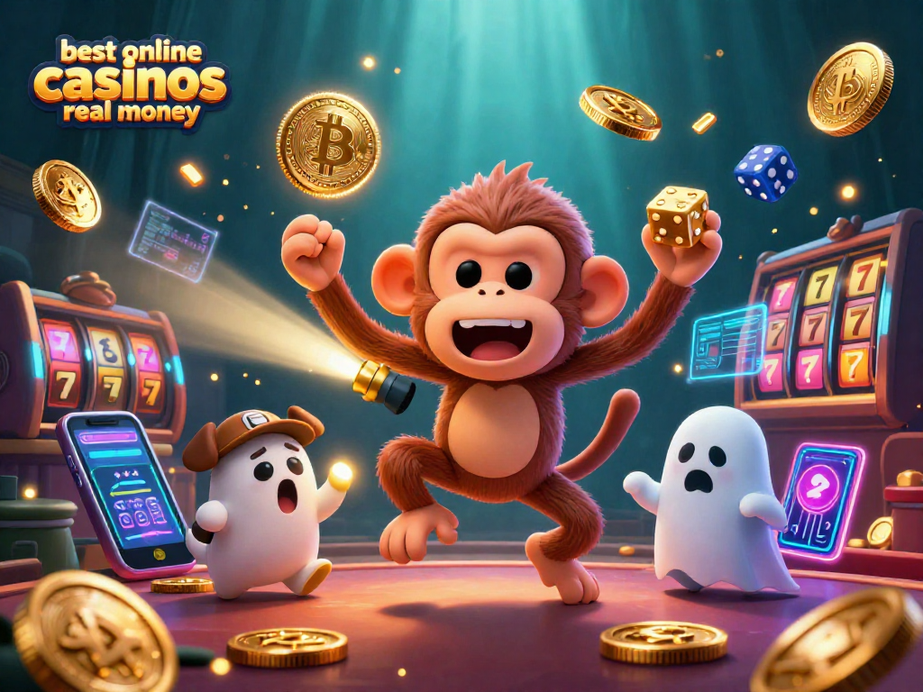 Juggle with the best online casinos real money showcasing a playful ghost and monkey amidst vibrant casino elements.