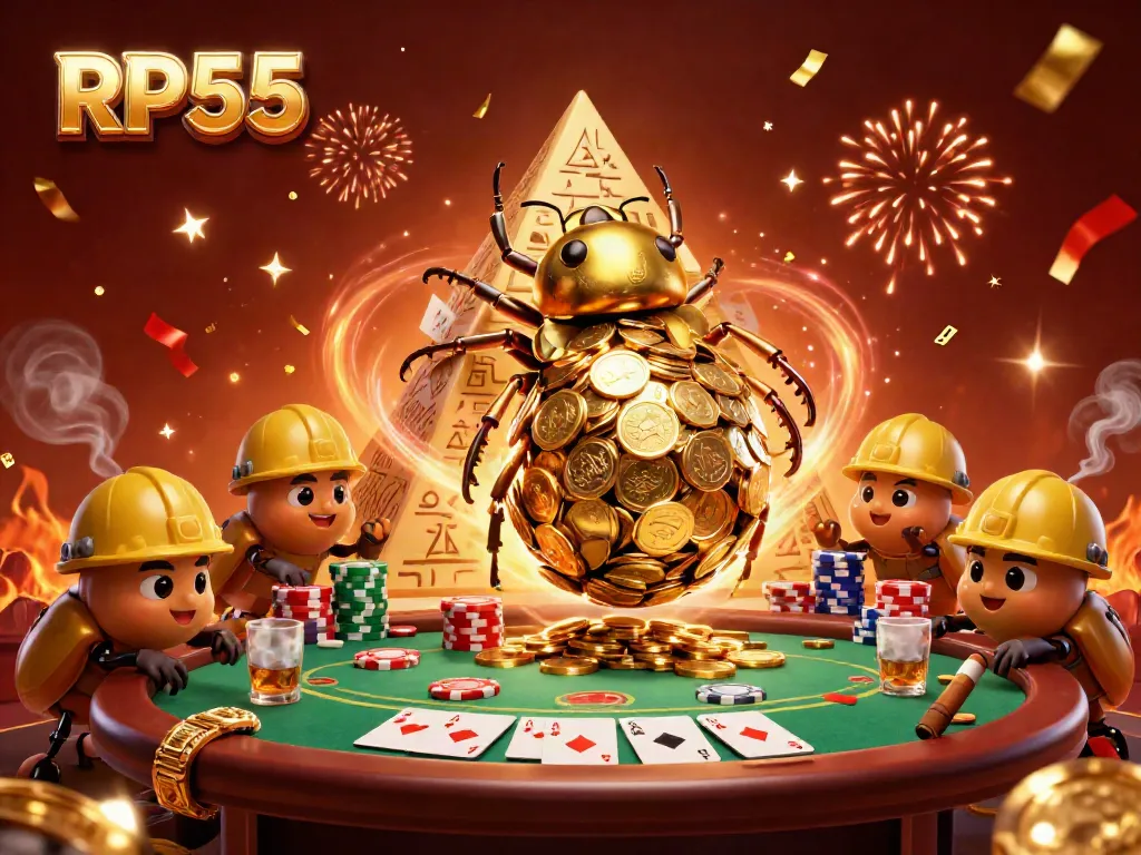 Experience thrilling gameplay with RP55 as golden beetles celebrate atop a pyramid of coins with poker elements.