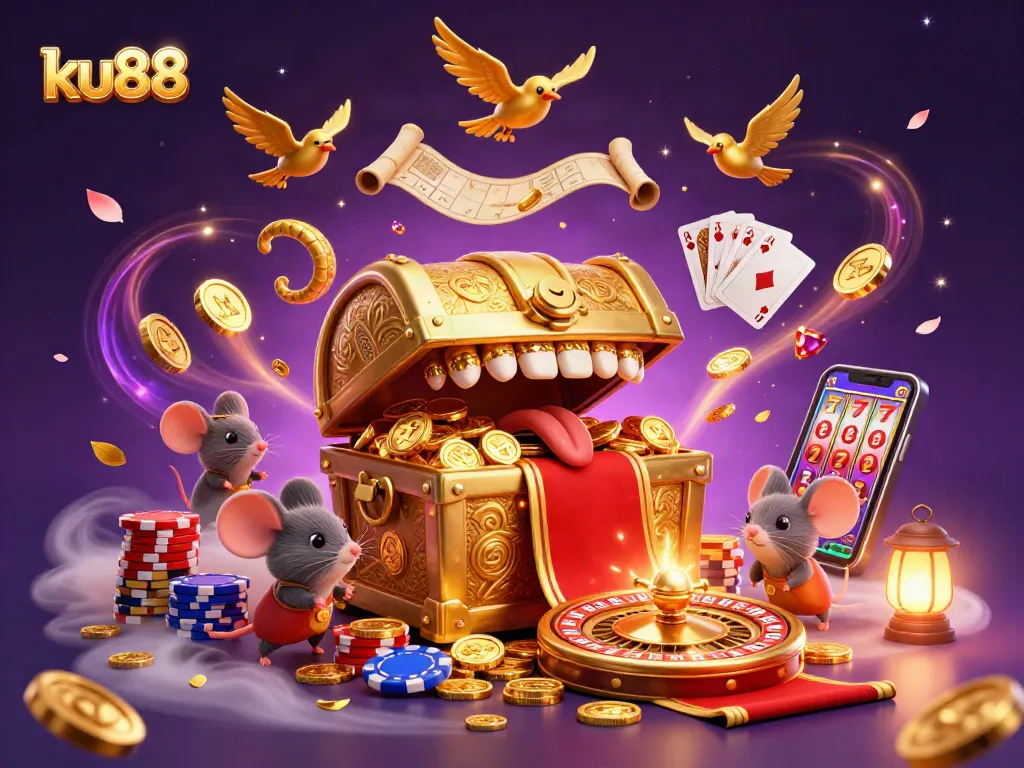 ku88 enhances your gameplay with a vibrant casino scene filled with treasures, cards, and big wins.