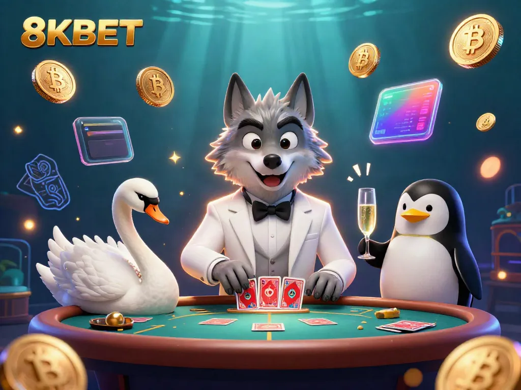 Experience the thrill of 8KBET as a debonair wolf engages at a baccarat table beside a glamorous swan and charming penguin.