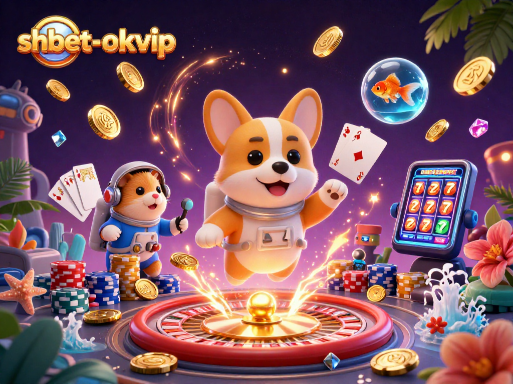 Experience thrilling gambling adventures with SHBET OKVIP in an ultra-detailed 3D scene including floating coins and playful characters.