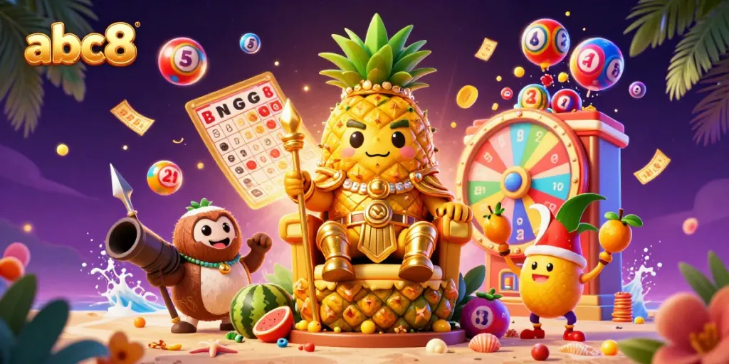 Engage with thrilling games at abc8, featuring vibrant lottery balls and a golden pineapple king on a beach casino scene.