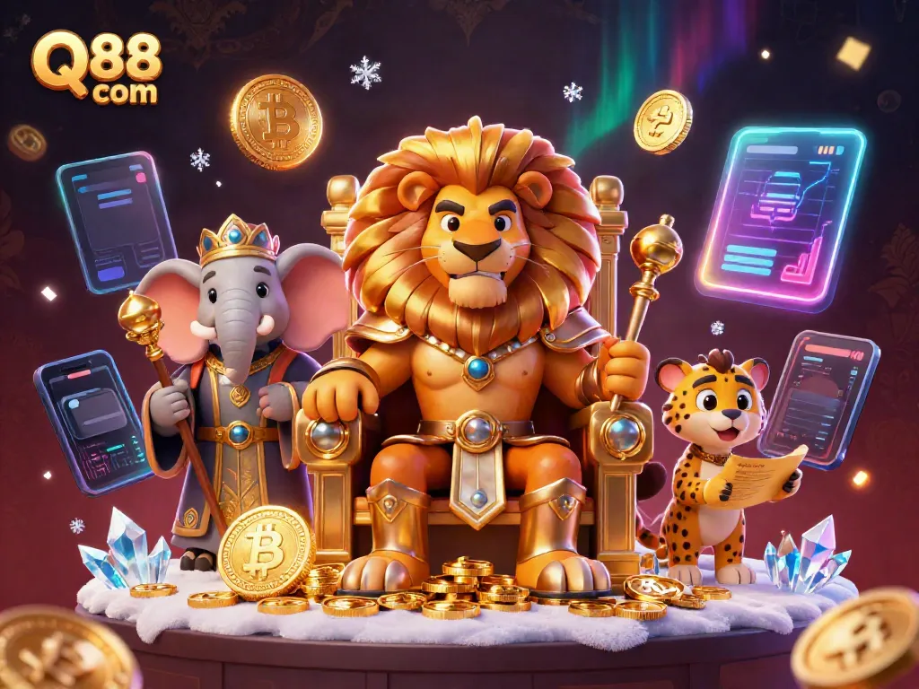 Engage with vibrant gaming adventures at Q88 com with a majestic lion king and dynamic casino elements.