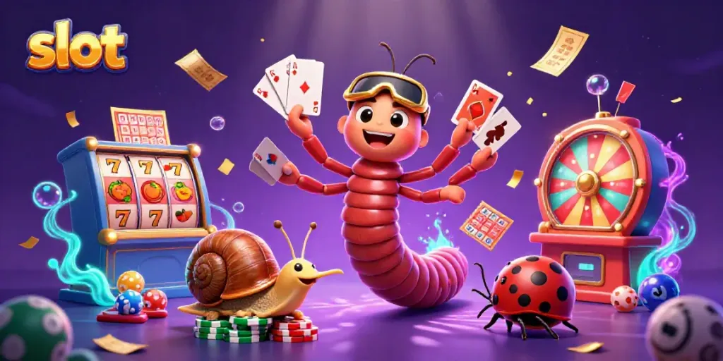Menyusun permainan slot dengan dealer kartun dalam suasana kasino yang dinamis.