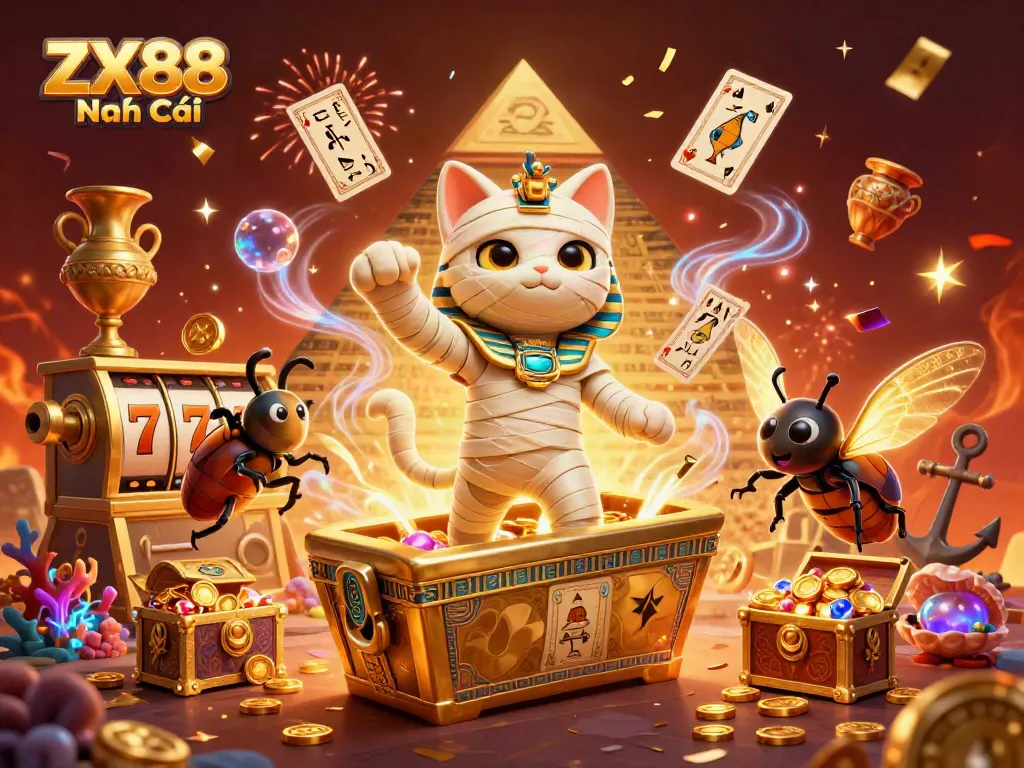 Experience excitement with ZX88 Nhà Cái's vibrant casino scene featuring a mummy cat, treasure, and glowing elements.