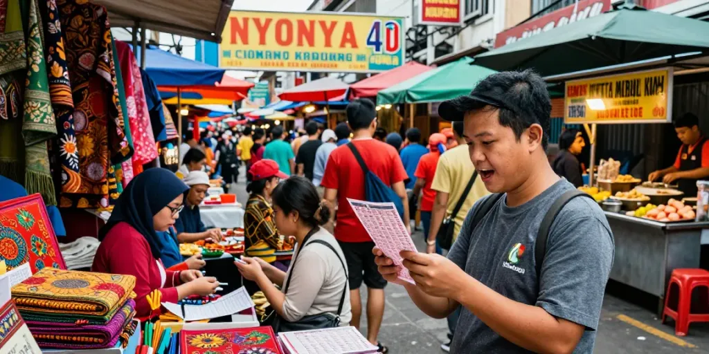 Nyonya4d excitement as a person engages in a lively marketplace surrounded by traditional crafts and vibrant Peranakan culture.