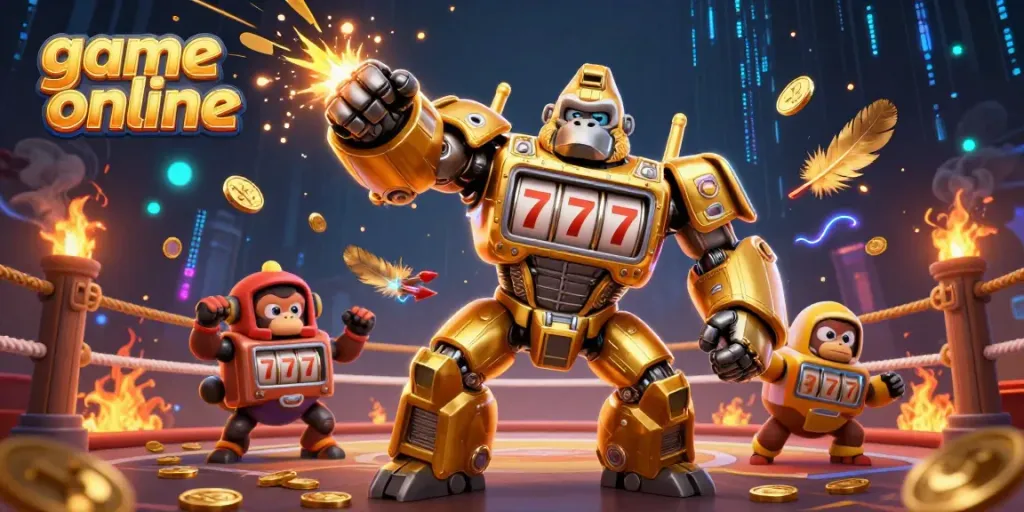 Engage with game online excitement through this dynamic casino-themed 3D illustration showcasing a golden gorilla mech.