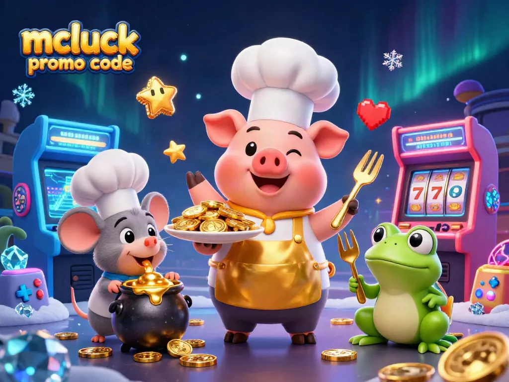 Win big with the mcluck promo code at a vibrant casino-themed illustration featuring characters.