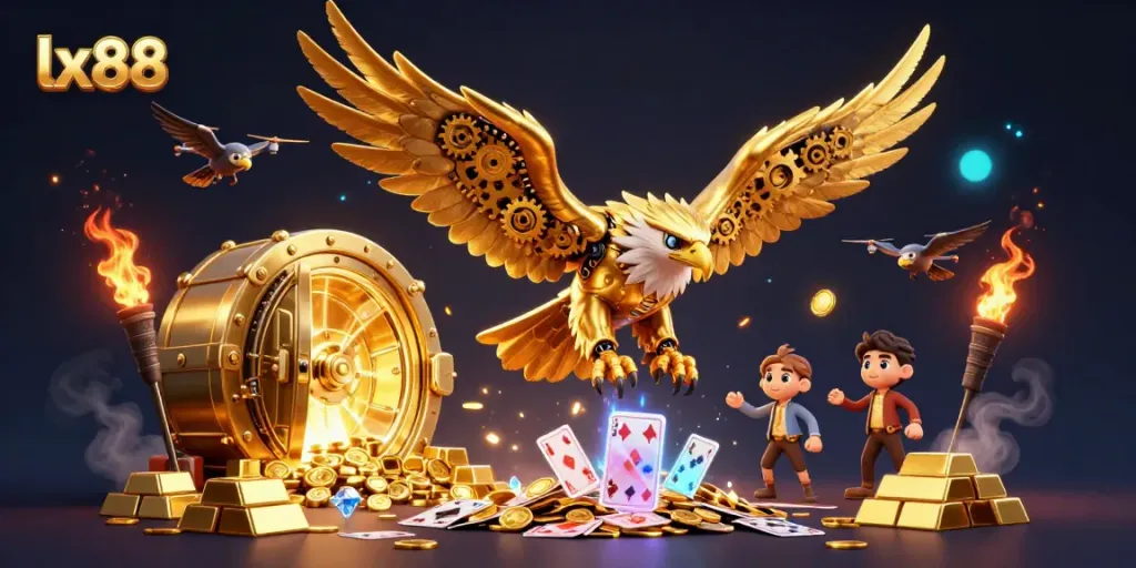 Experience the excitement of lx88 casino gaming with a thrilling eagle dive amidst holographic cards and golden treasures.